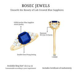 Certified 4.8 Carat Asscher Cut Lab Grown Blue Sapphire Engagement Ring with Diamond Trio