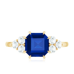 Certified 4.8 Carat Asscher Cut Lab Grown Blue Sapphire Engagement Ring with Diamond Trio