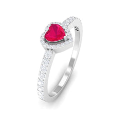 Heart Shape Ruby and Diamond Halo Engagement Ring