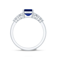 6X8mm Emerald Cut Lab Created Blue Sapphire Vintage Inspired Engagement Ring with Diamond