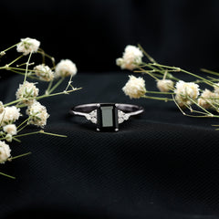 Octagon Created Black Diamond Solitaire Engagement Ring with Diamond Trio