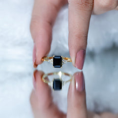 Octagon Created Black Diamond Solitaire Engagement Ring with Diamond Trio