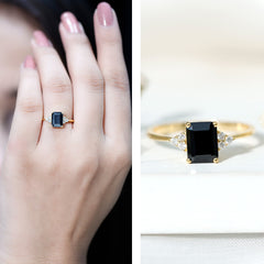 Octagon Created Black Diamond Solitaire Engagement Ring with Diamond Trio