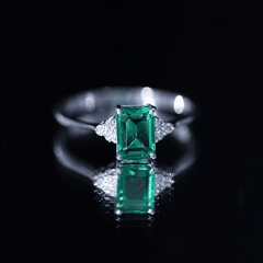 Certified 6X8 mm Lab Grown Emerald Cut Emerald Engagement Ring with Diamond Trio