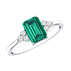 Certified 6X8 mm Lab Grown Emerald Cut Emerald Engagement Ring with Diamond Trio