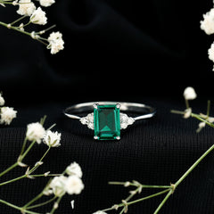 Certified 6X8 mm Lab Grown Emerald Cut Emerald Engagement Ring with Diamond Trio