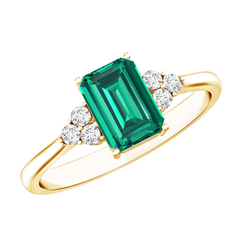 Certified 6X8 mm Lab Grown Emerald Cut Emerald Engagement Ring with Diamond Trio