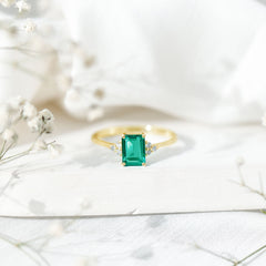 Certified 6X8 mm Lab Grown Emerald Cut Emerald Engagement Ring with Diamond Trio