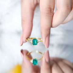 Certified 6X8 mm Lab Grown Emerald Cut Emerald Engagement Ring with Diamond Trio
