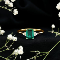 Certified 6X8 mm Lab Grown Emerald Cut Emerald Engagement Ring with Diamond Trio
