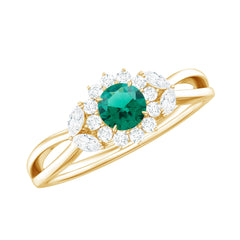 Certified Lab Grown Emerald Diamond Flower Engagement Ring with Split Shank