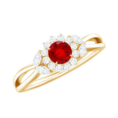 Created Ruby and Moissanite Flower Engagement Ring in Split Shank
