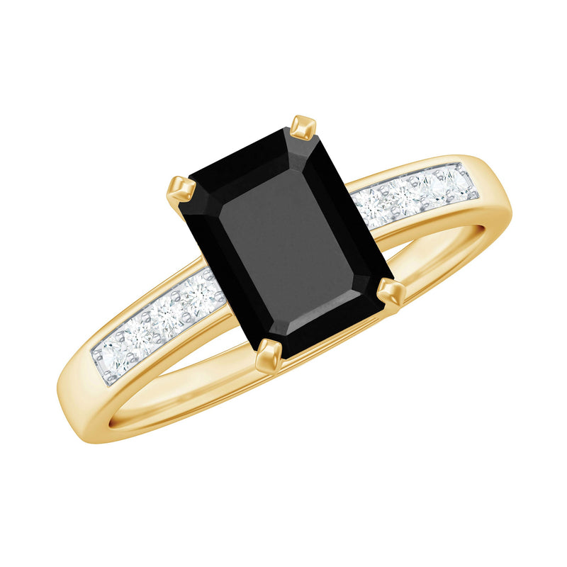 Octagon Cut Created Black Diamond Solitaire Ring with Accent
