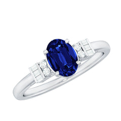 Certified 1 Carat Lab Grown Blue Sapphire Oval Engagement Ring with Diamond