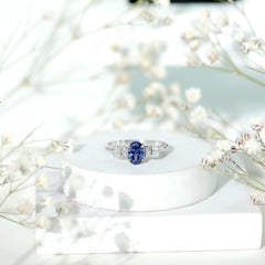 Certified 1 Carat Lab Grown Blue Sapphire Oval Engagement Ring with Diamond