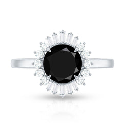 8mm Round Black Onyx Cocktail Ring with Diamond Halo