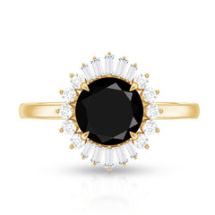 8mm Round Black Onyx Cocktail Ring with Diamond Halo