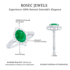 Vintage Looking Emerald Oval Engagement Ring with Diamond Halo