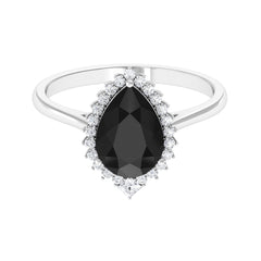Pear Shaped Created Black Diamond and Diamond Halo Cocktail Ring