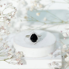 Pear Shaped Created Black Diamond and Diamond Halo Cocktail Ring