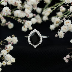 Pear Shaped Created Black Diamond and Diamond Halo Cocktail Ring