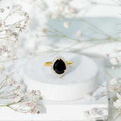 Pear Shaped Created Black Diamond and Diamond Halo Cocktail Ring