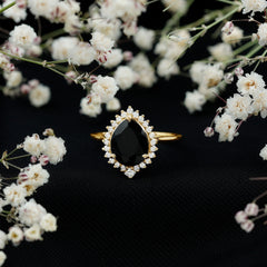 Pear Shaped Created Black Diamond and Diamond Halo Cocktail Ring