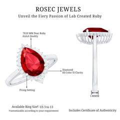 Lab Ruby Teardrop Engagement Ring with Diamond Halo