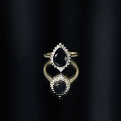 Pear Shaped Black Onyx Big Engagement Ring with Diamond Halo