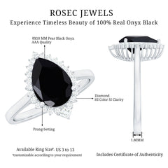 Pear Shaped Black Onyx Big Engagement Ring with Diamond Halo