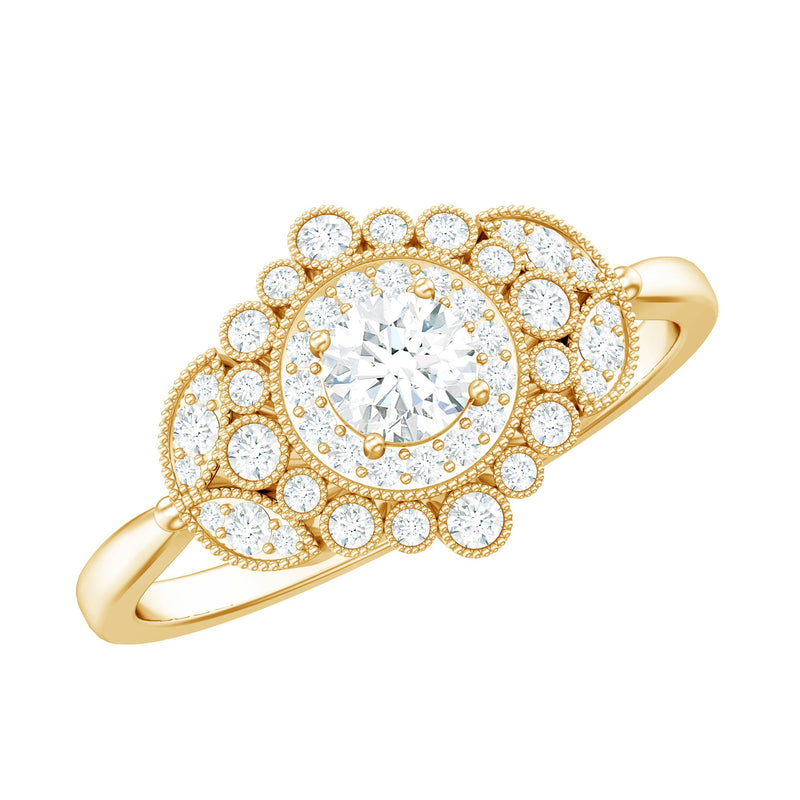 3/4 CT Vintage Style Zircon Engagement Ring with Milgrain Gold
