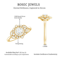 3/4 CT Vintage Style Zircon Engagement Ring with Milgrain Gold