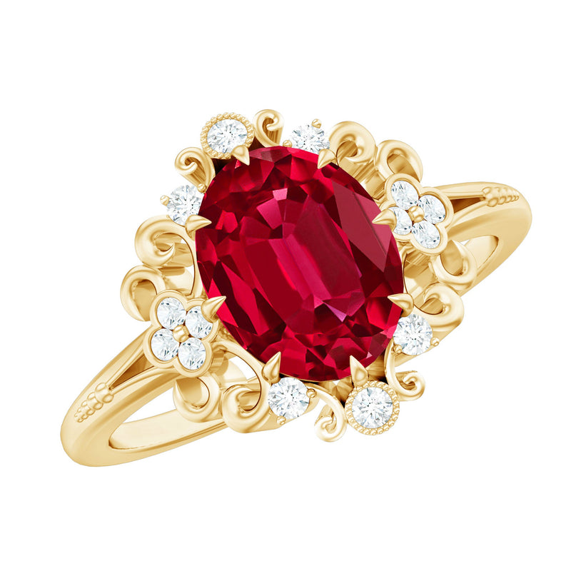 Vintage Inspired Lab Created Ruby and Diamond Engagement Ring