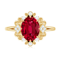 Vintage Inspired Lab Created Ruby and Diamond Engagement Ring