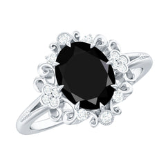 7X9mm Oval Cut Vintage Inspired Black Onyx Statement Ring with Diamond