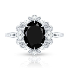 7X9mm Oval Cut Vintage Inspired Black Onyx Statement Ring with Diamond