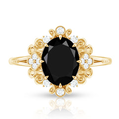7X9mm Oval Cut Vintage Inspired Black Onyx Statement Ring with Diamond