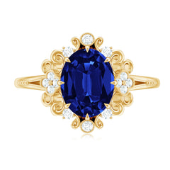 Vintage Style 4 Carat Oval Lab Grown Blue Sapphire Engagement Ring with Diamond