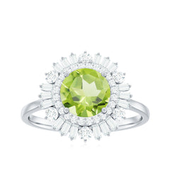 Certified Real 2 Carat Peridot Engagement Ring with Moissanite Double Halo