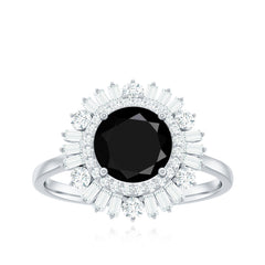 7mm Round Black Onyx Double Halo Cocktail Ring with Moissanite