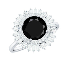 Natural 1.5 Carat Black Spinel Engagement Ring with Double Moissanite Halo