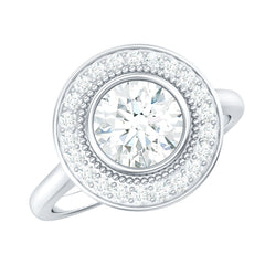 Vintage Inspired Round Moissanite Halo Engagement Ring with Certificate