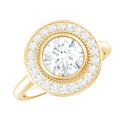 Vintage Inspired Round Moissanite Halo Engagement Ring with Certificate