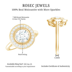 Vintage Inspired Round Moissanite Halo Engagement Ring with Certificate