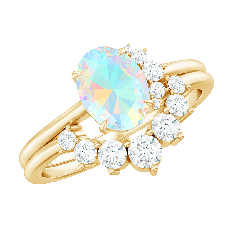 Real Ethiopian Opal Diamond Oval Engagement Ring and Wedding Band Set