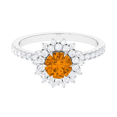 Natural Citrine Double Halo Engagement Ring with Moissanite