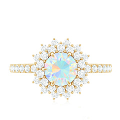 Natural Opalescent Circle Engagement Ring with Double Halo