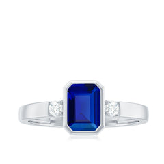 Bezel Set 1.75 Carat Lab Grown Blue Sapphire Emerald Cut Engagement Ring with Diamond