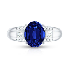 Certified Oval 4 Carat Lab Grown Blue Sapphire Statement Engagement Ring with Diamond