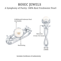 Natural Freshwater Pearl Solitaire Flower Band Ring with Diamond